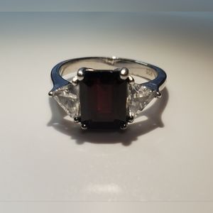 HSN Dark Red Simulated Garnet & Diamond Sterling Silver Ring Size 7